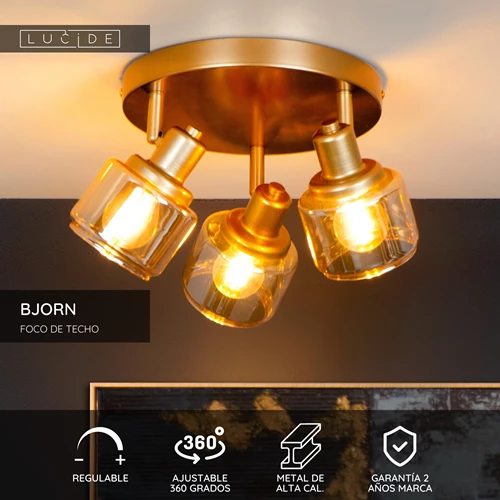 Lucide BJORN - Foco de techo - Ø 38 cm - 3xE14 - Oro mate / Latón - USP